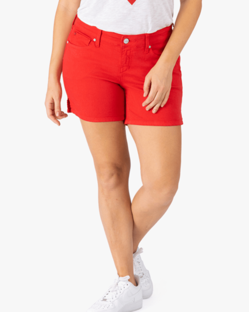 Front of a model wearing a size 14 Baylee Side Vent Shorts in ROSE RED by Slink Jeans. | dia_product_style_image_id:256059